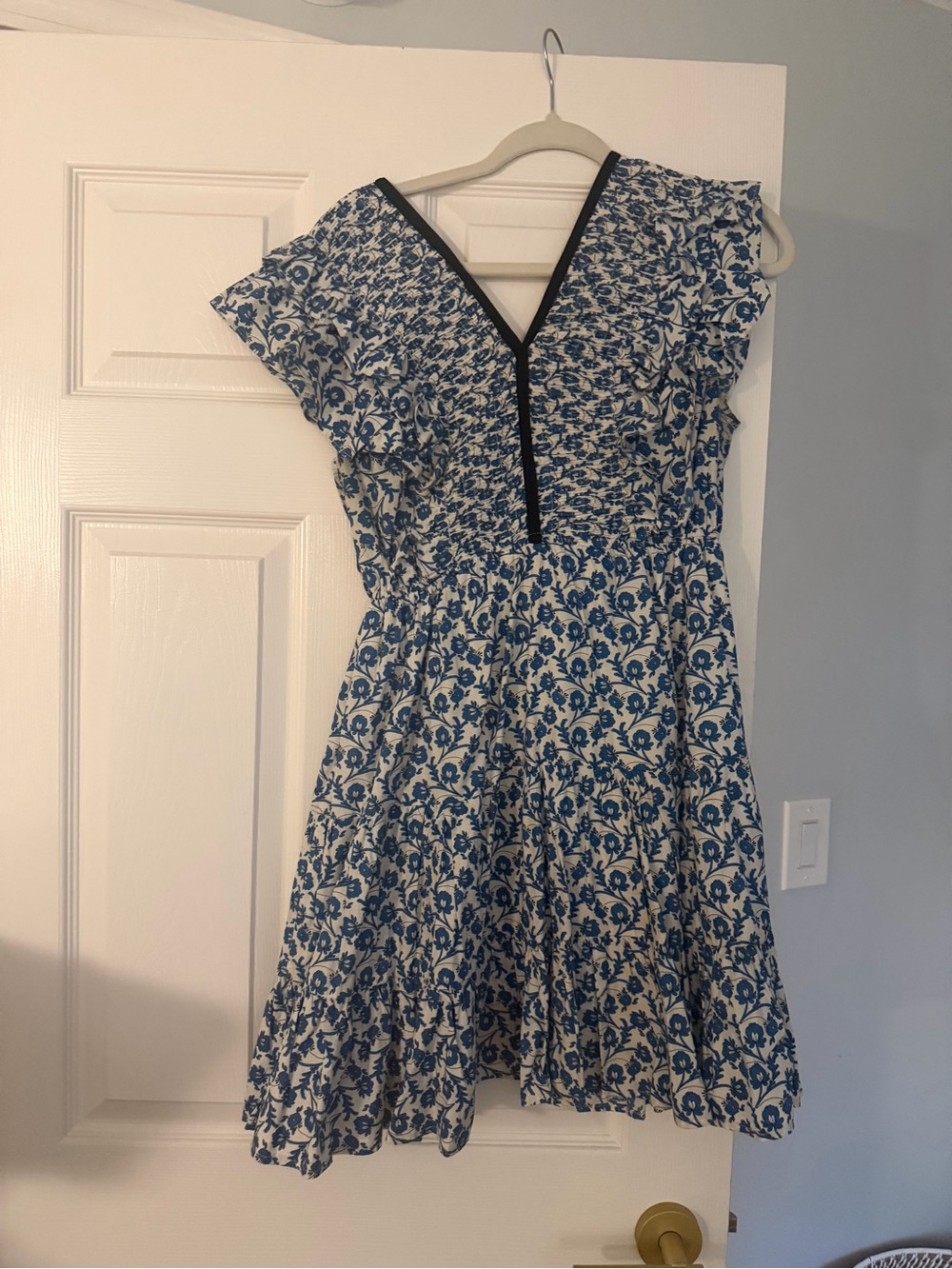 Blue and White Floral V-Neck Ruffle Dress